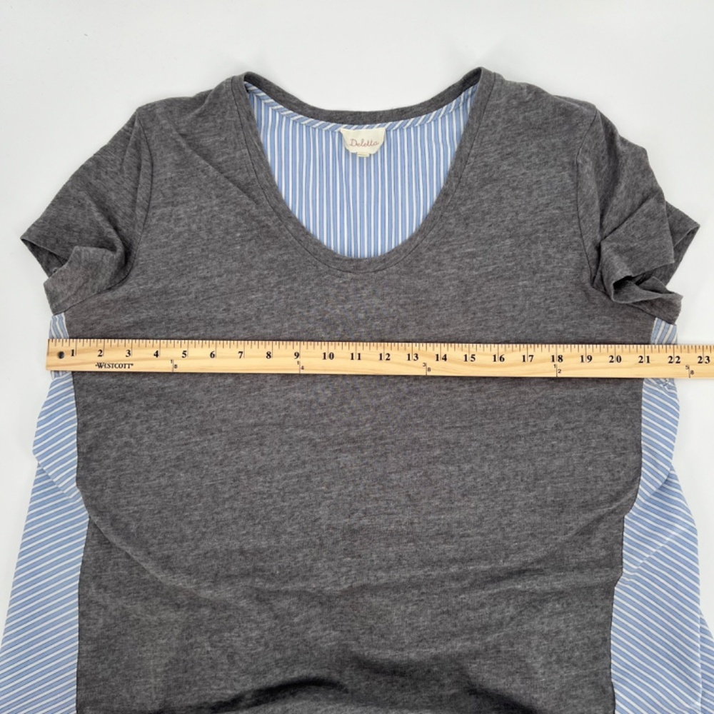 Deletta Womens Linen Blend Short Sleeve Top Size L Gray Blue Stripe Mixed Media - Picture 13 of 15
